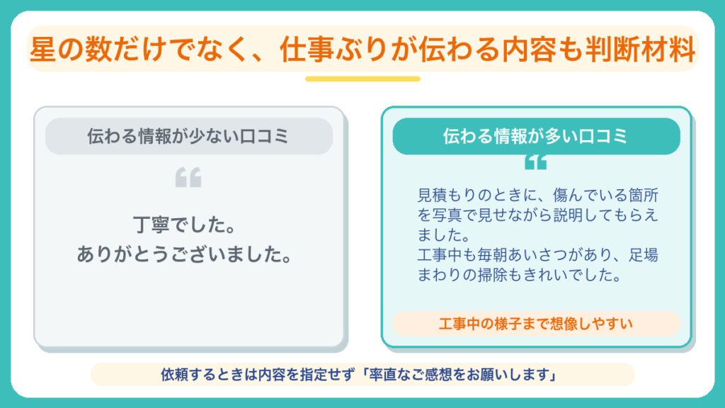 情報が少ない口コミと仕事ぶりが伝わる口コミの比較