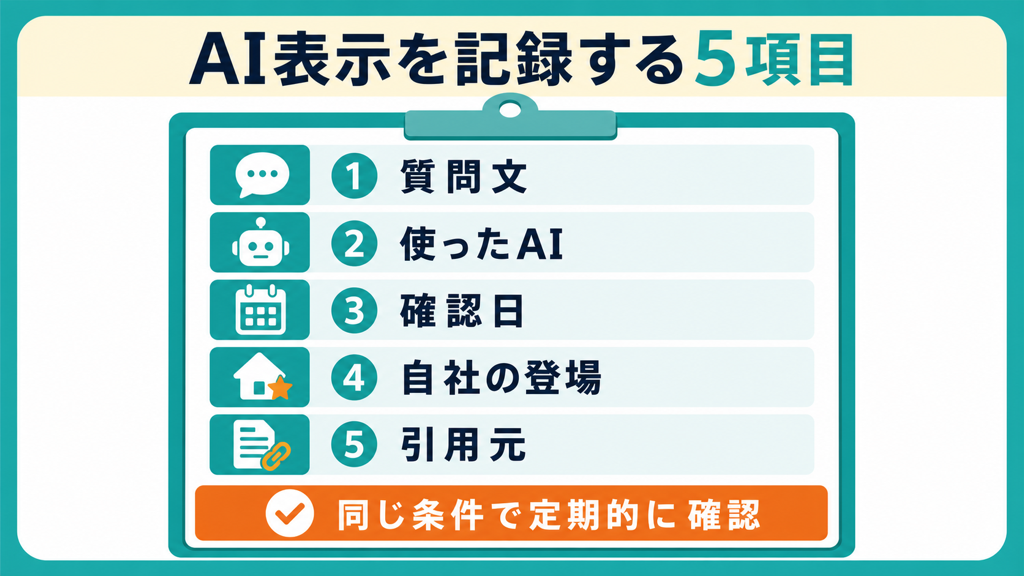 AI検索の質問文、確認日、表示状況、参照元を記録する表