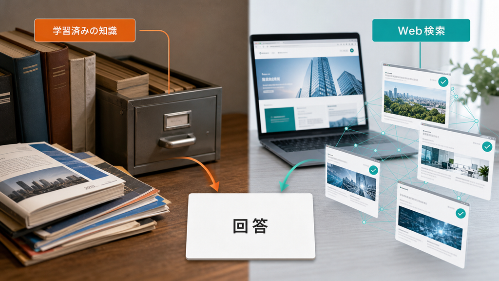 ChatGPTが学習済みの知識とWeb検索から回答する2つの経路