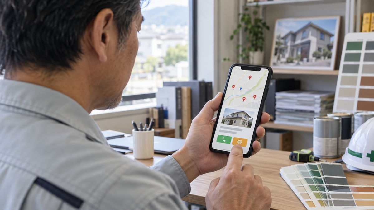 スマートフォンで地域の外壁塗装会社を地図検索する様子