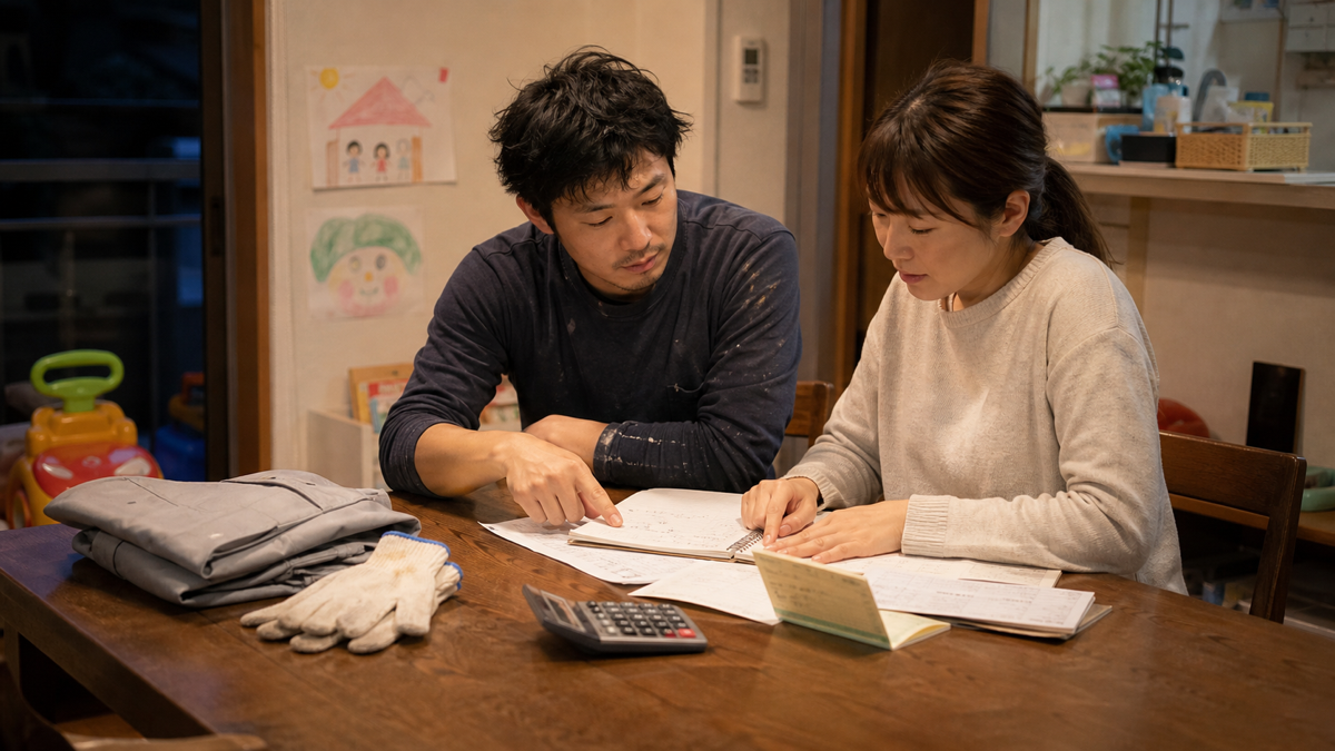 塗装業での独立に向け家族で資金計画を確認する職人
