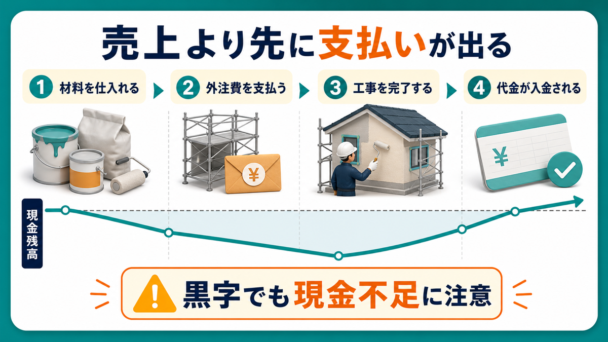 塗装工事で売上入金より先に材料費と外注費が発生する流れ