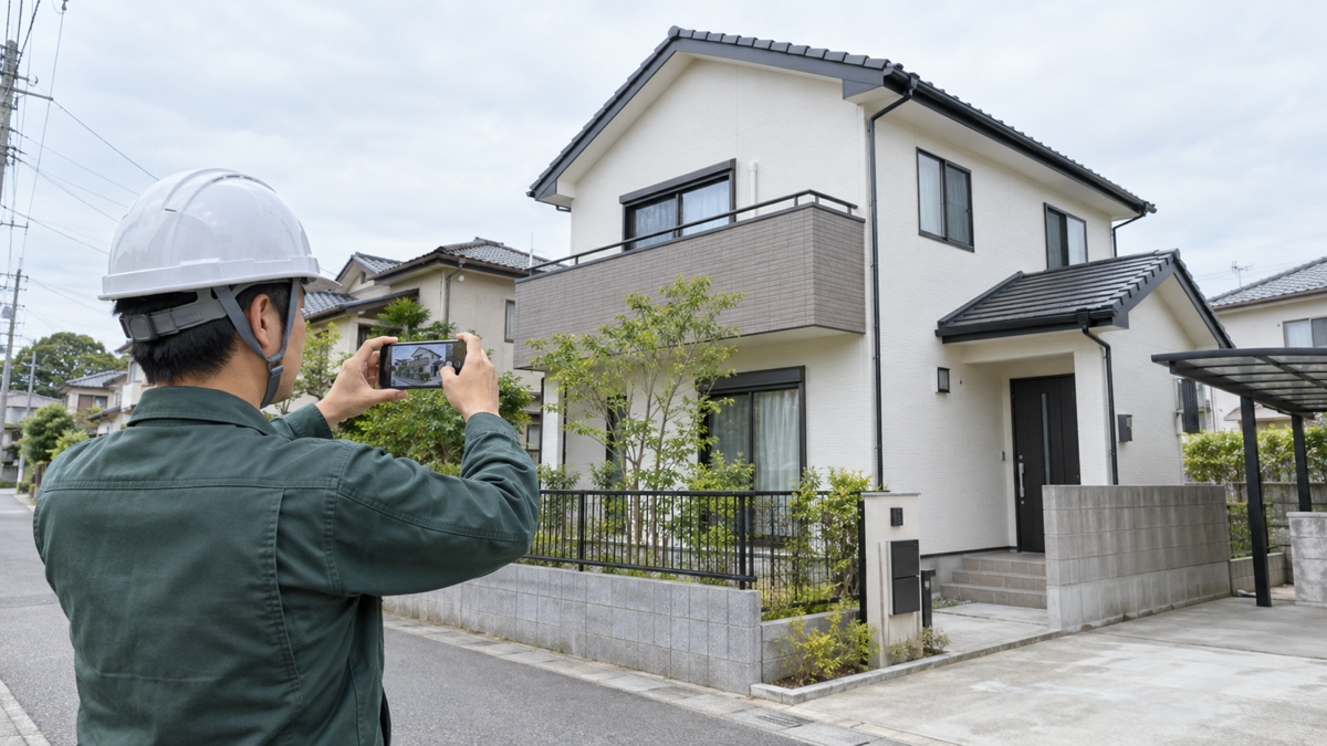 外壁塗装の施工後写真を撮影する担当者