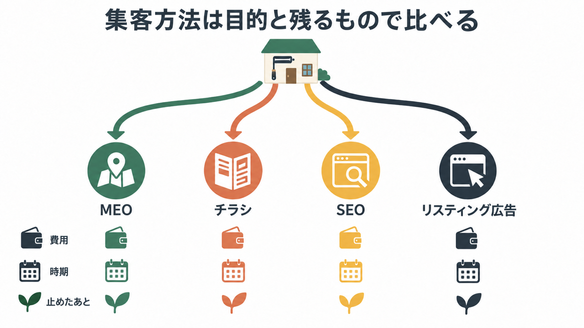 MEOとチラシ・SEO・リスティング広告の比較