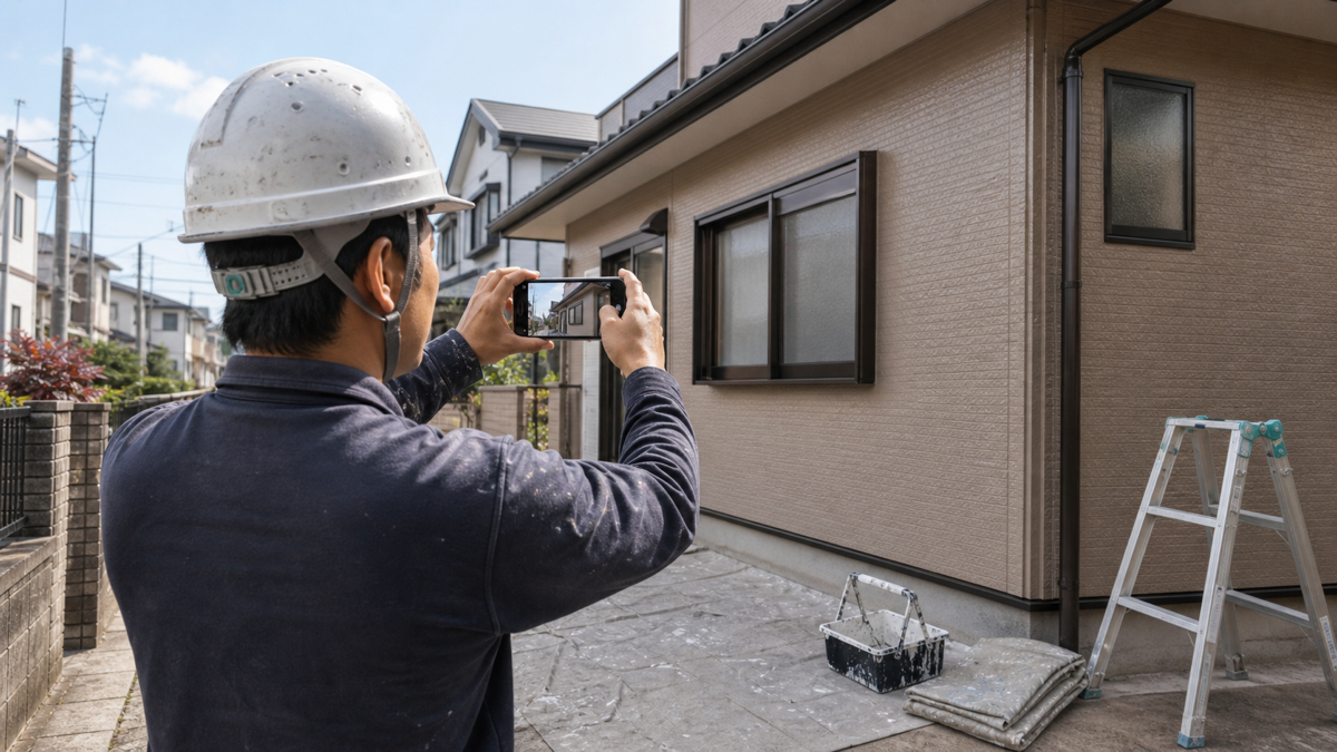 独立前に施工事例の写真を撮影する外壁塗装職人