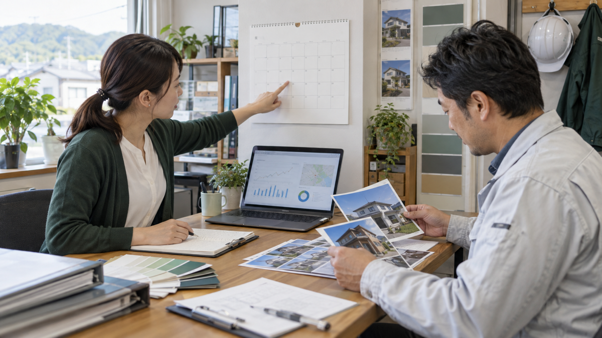MEOの月次運用について打ち合わせる外壁塗装会社の担当者