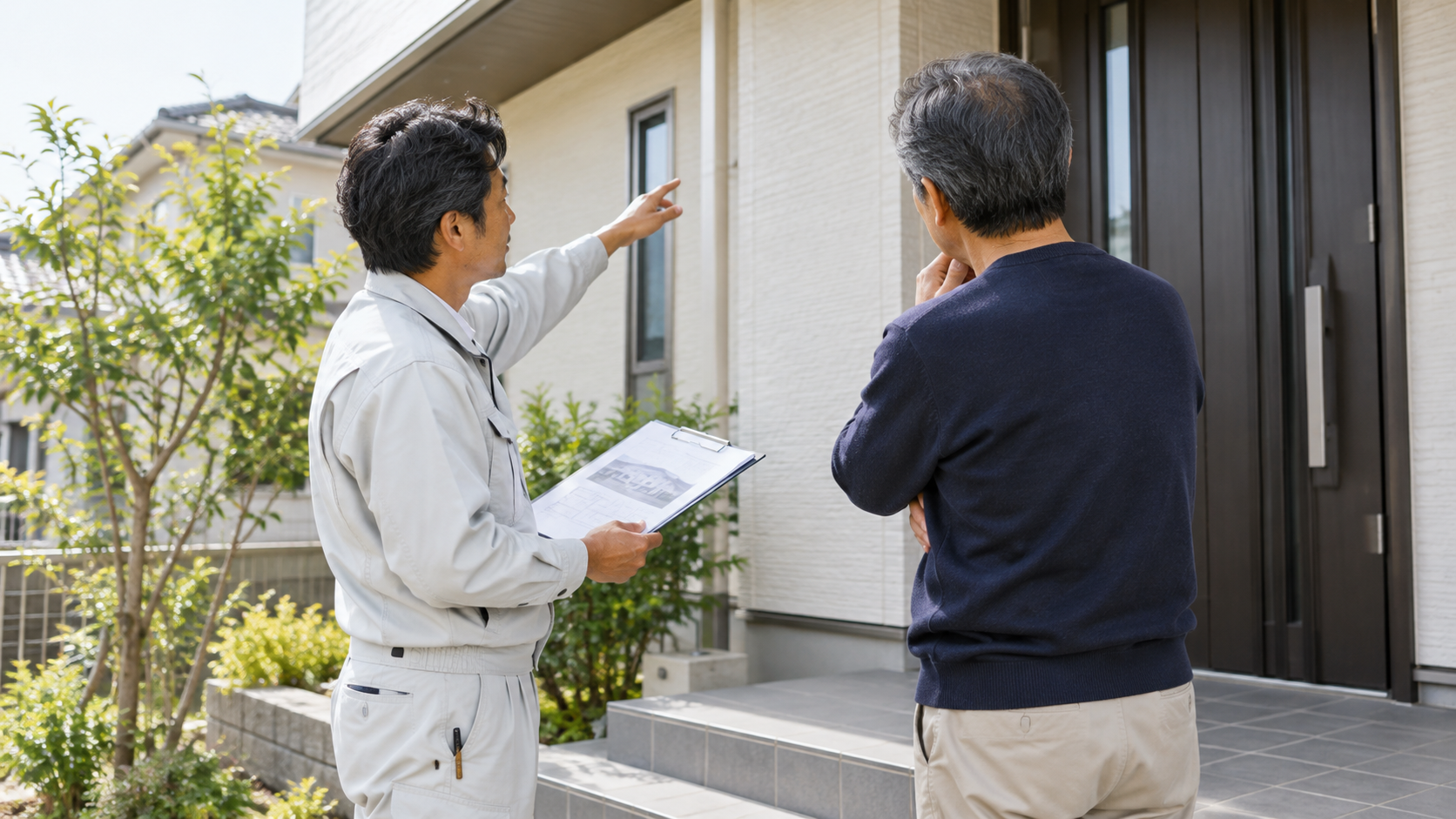 施主と施工範囲を確認する塗装職人のイメージ