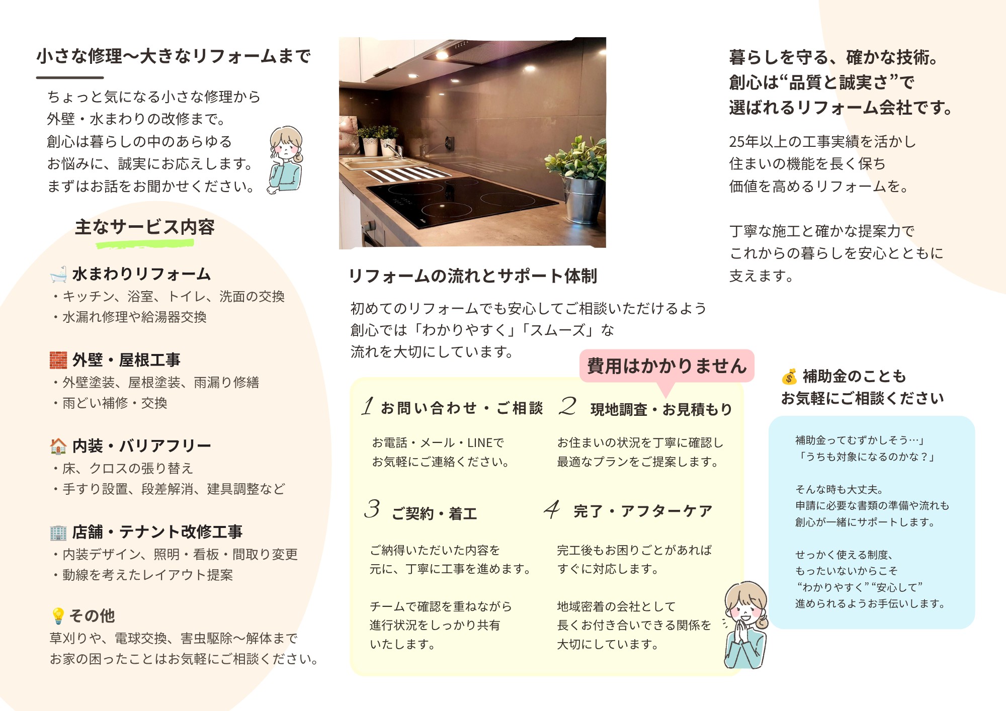 水まわり・外壁・内装など対応する工事を一覧にした創心のチラシ